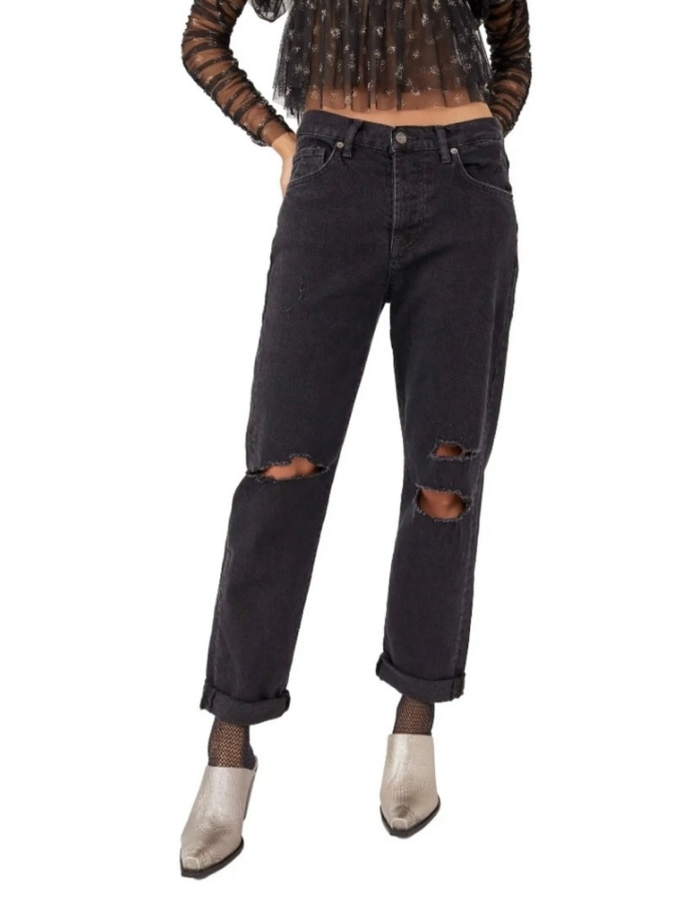 NWT Free People Bren Boyfriend Jeans Black Magic Distressed Button Fly Sz 29